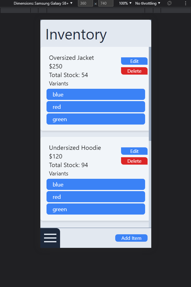 Mobile View Inventory page