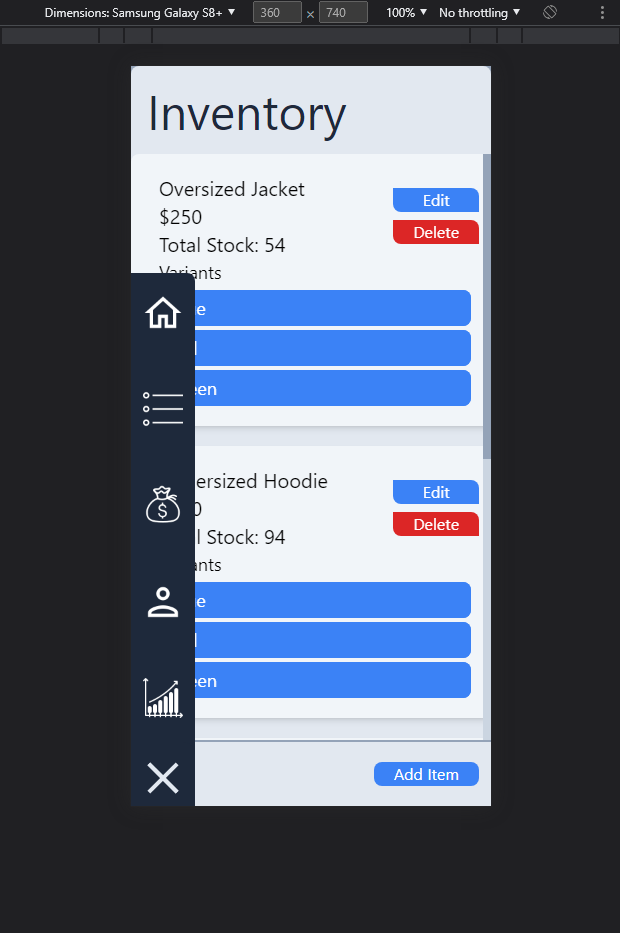 Mobile View Inventory page with opened sidebar